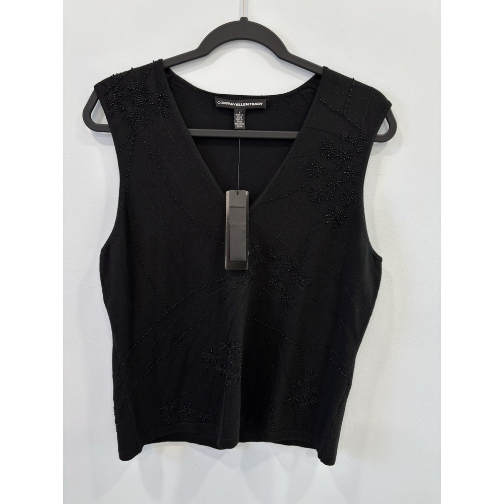 Ellen Tracy Company Black Beaded Silk Cashmere Blend Sleeveless V Neck Top NWT - Picture 5 of 10